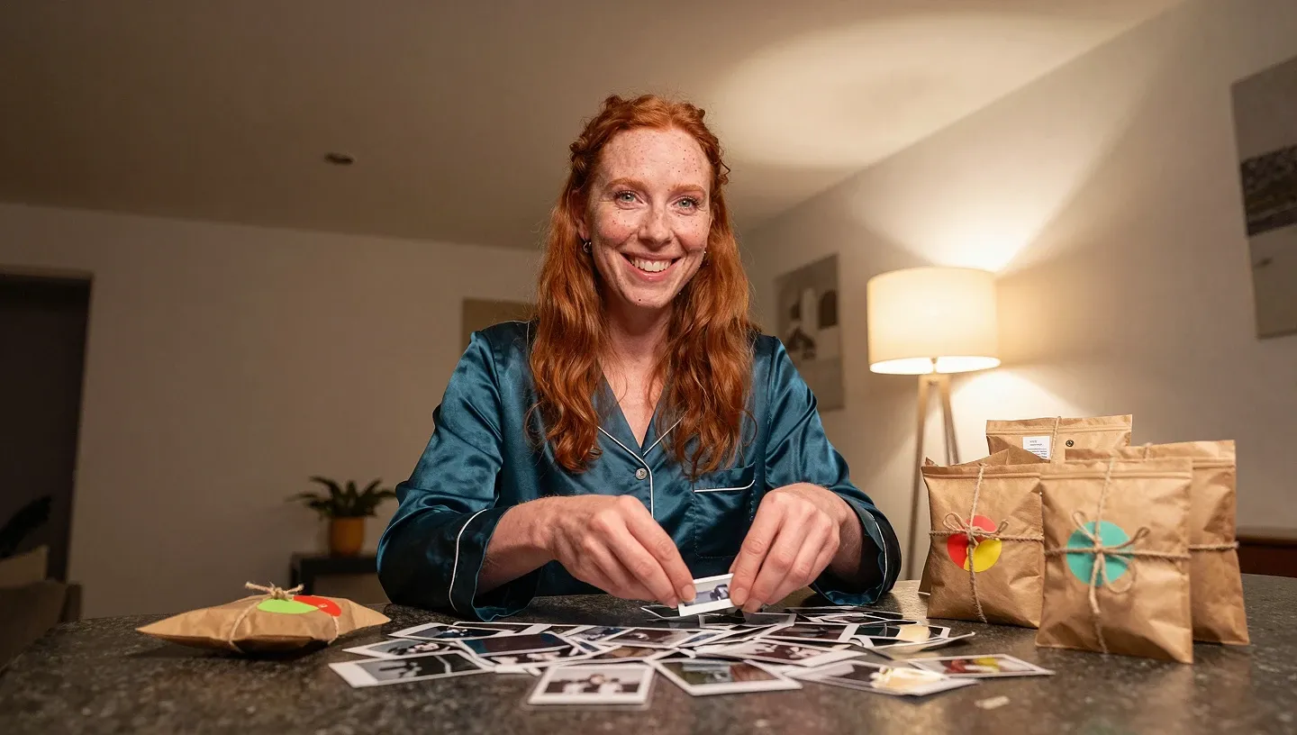 A red-haired creator in teal loungewear packs small kraft paper parcels with colored stickers at a table strewn with polaroids