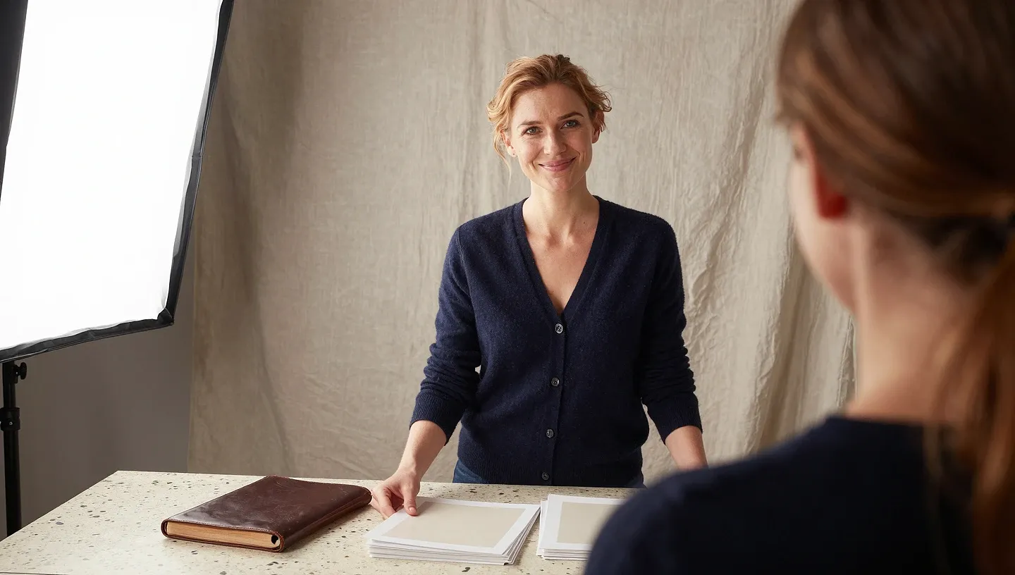 Photographer in a studio holds loose photo prints beside a leather portfolio book on a wooden table under softbox lighting