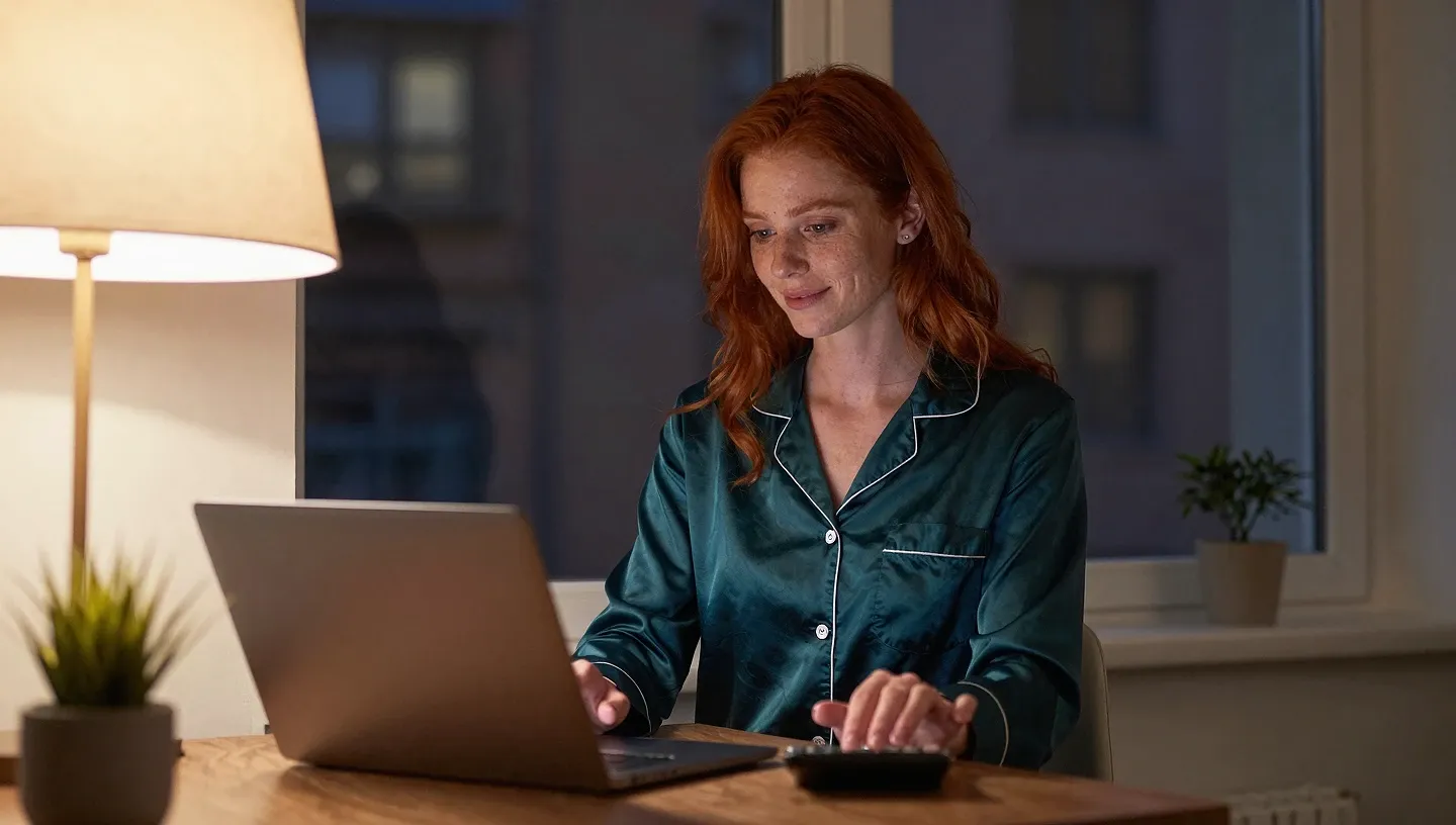 A woman in silk loungewear sits by a lamp-lit window at night, pressing a calculator beside her glowing laptop