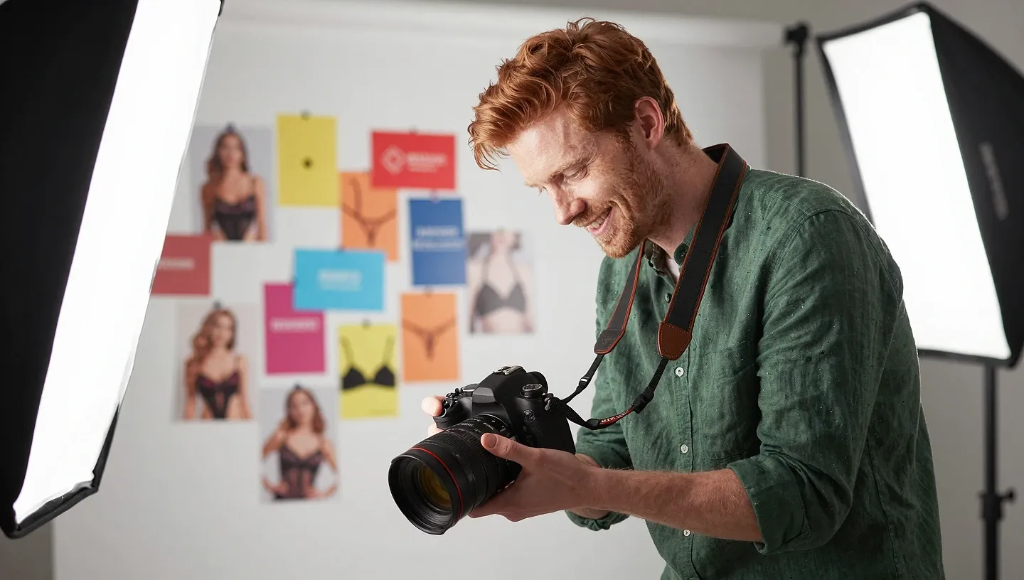 Photographer in green shirt reviews lingerie campaign images on her camera with mood board cards pinned on paper backdrop under softbox light