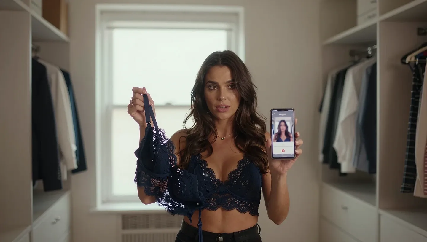 A young woman in a walk-in wardrobe holds a cream lace bralette and a smartphone with a blurred overlay, reviewing landing page compliance