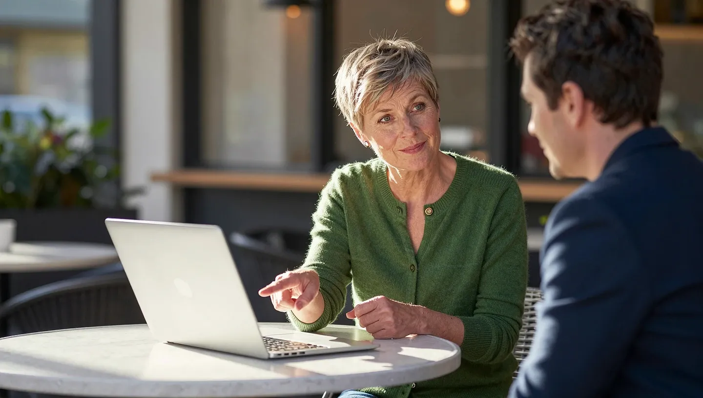 Mid-thirties woman with ash-blonde pixie cut points at a laptop on a café terrace as her manager listens with coffee.