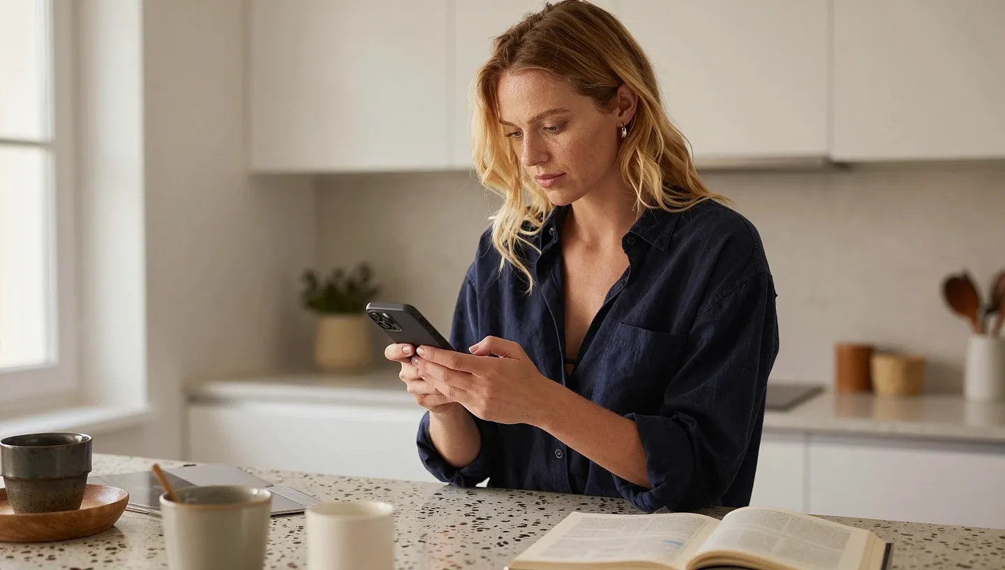 A content creator in her early thirties at a sunlit kitchen counter taps her smartphone with a concerned expression as she waits for a slow-loading analytics pa