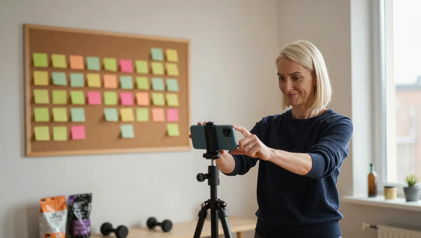 A woman in sportswear sets her phone on a tripod in a home gym, with a blurred corkboard of colored sticky notes in the background