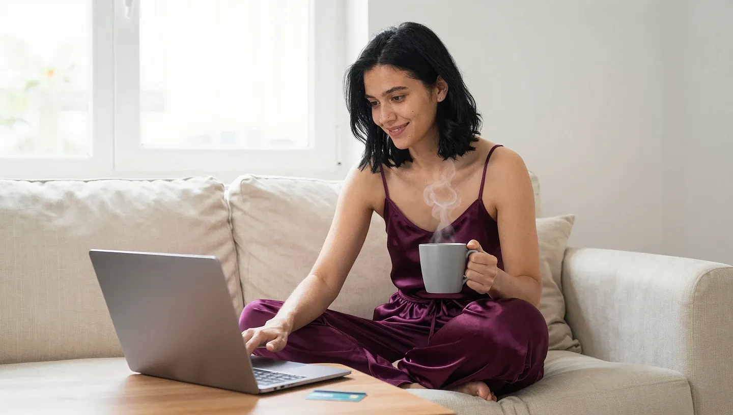 Late twenties woman in satin slip on sofa reviewing subscription payouts on a laptop next to coffee mug and credit card