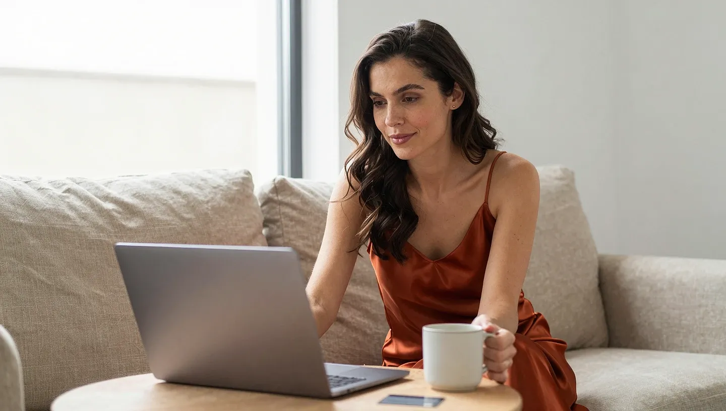 A woman in a rust satin slip sits on a beige sofa by a window watching video on her laptop, with a coffee mug and plain grey payment card on a side table
