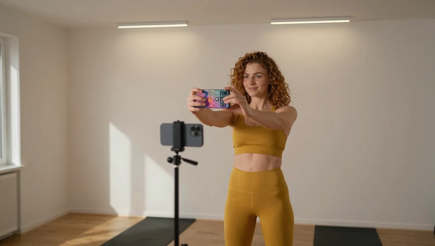A woman in her home gym films herself on a phone tripod while checking a second phone with a glowing popup screen