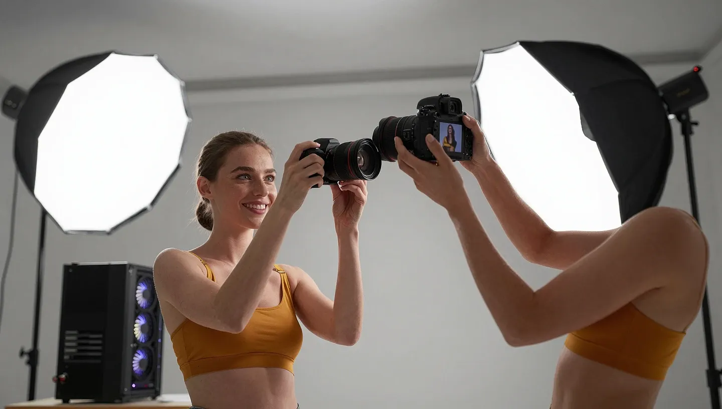 A photographer in a lingerie studio reviews a model shot on her DSLR near a glowing GPU workstation