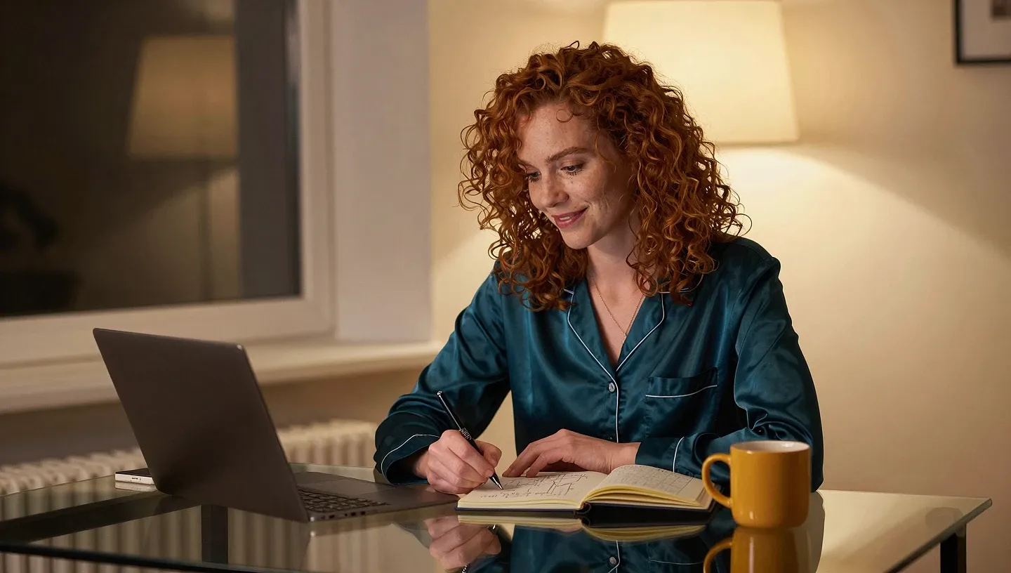 Creator in silk loungewear adjusts a subscription workflow diagram in a notebook at her desk by a night window with a glowing laptop and coffee mug