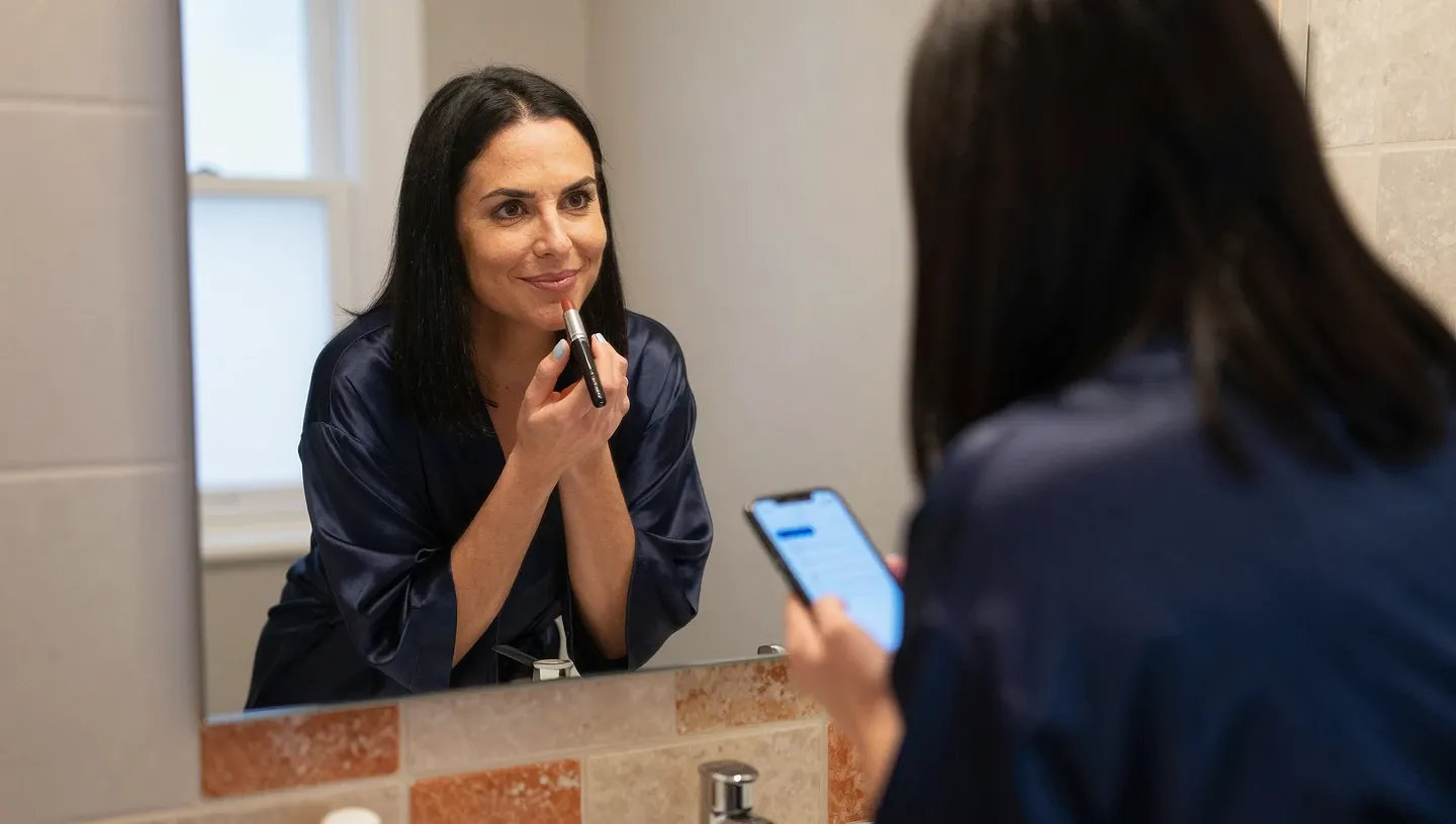 Woman in silk robe at a tiled bathroom sink glancing at her smartphone emitting a soft blue glow while applying lipstick