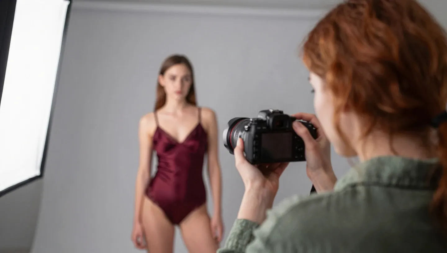 Photographer in green shirt and lingerie model in burgundy silk reviewing DSLR shots together in a studio with softbox and paper backdrop