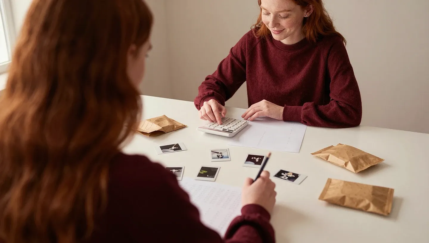 A woman in burgundy loungewear at a table with polaroids and parcels, calculating earnings on a calculator with handwritten notes under warm lamp light.