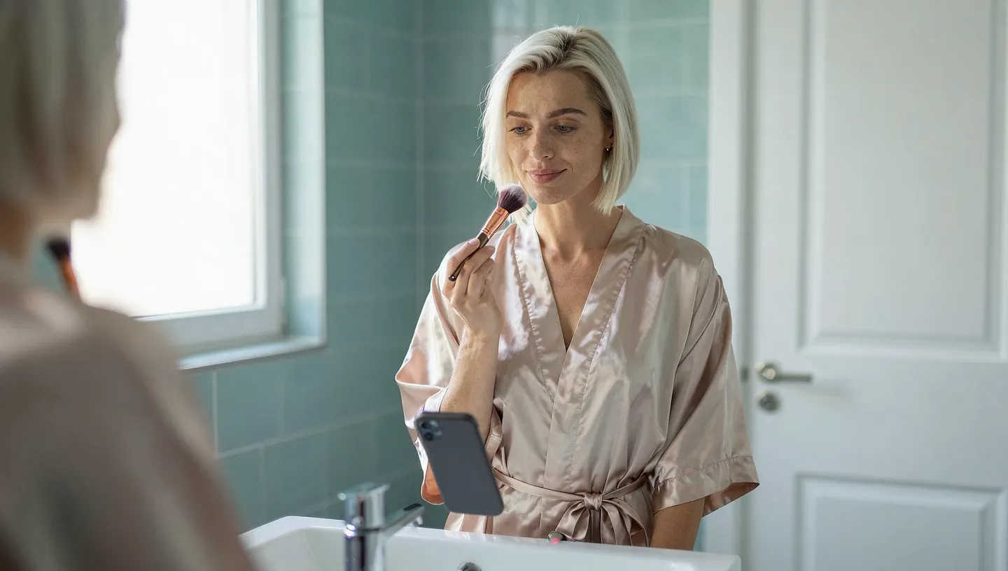 Woman in blush silk robe applies makeup in a teal-tiled bathroom while glancing at her phone on the sink