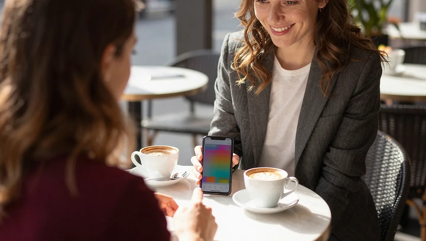 Creator and her agency manager at a sunlit cafe lean over a wooden table as manager points at a smartphone with blurred colored blocks for subscription tiers