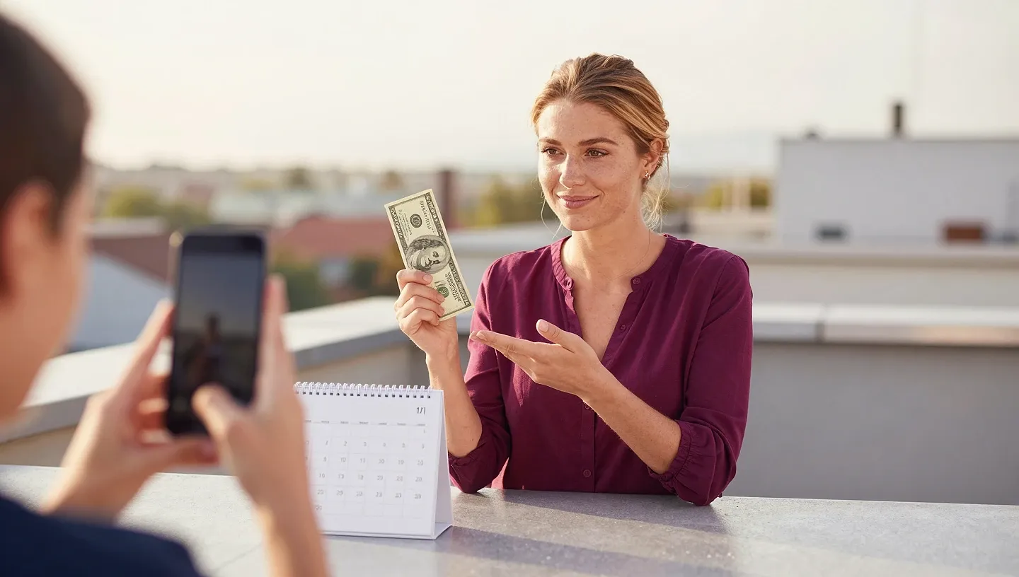 A woman on a rooftop terrace holding up a crisp $100 bill and pointing at a small calendar as a friend films her with a smartphone