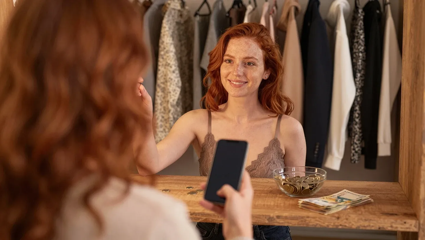 Woman in a walk-in wardrobe holding a phone beside a bowl of coins and stack of banknotes as she picks lingerie.