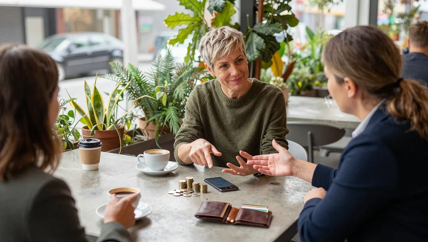 Creator and manager at a café terrace table looking at a smartphone chart, coin stacks and open leather wallet illustrating payout methods