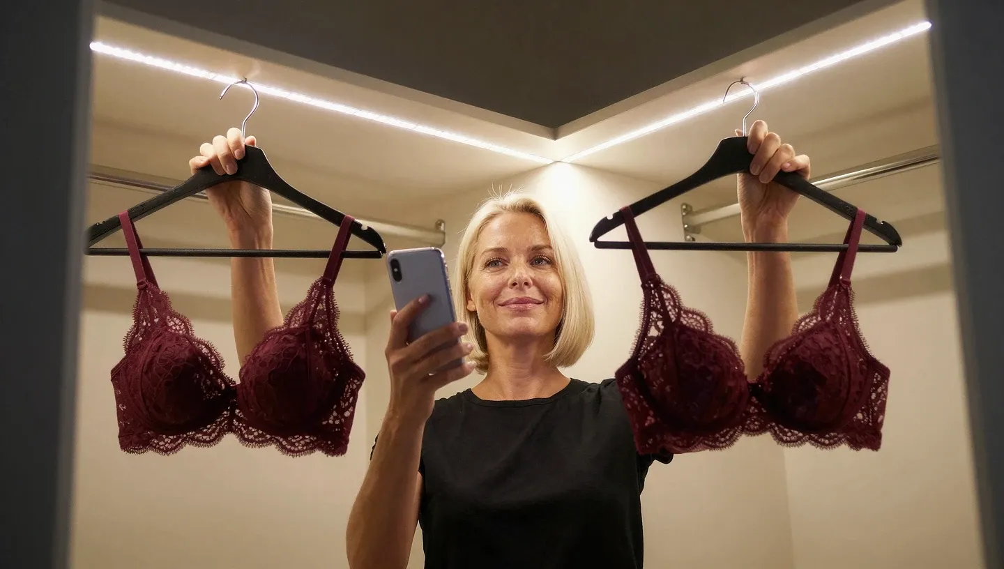 Blonde OnlyFans creator in a walk-in wardrobe holds a burgundy lace bra while checking her smartphone against a backdrop of hanging lingerie.