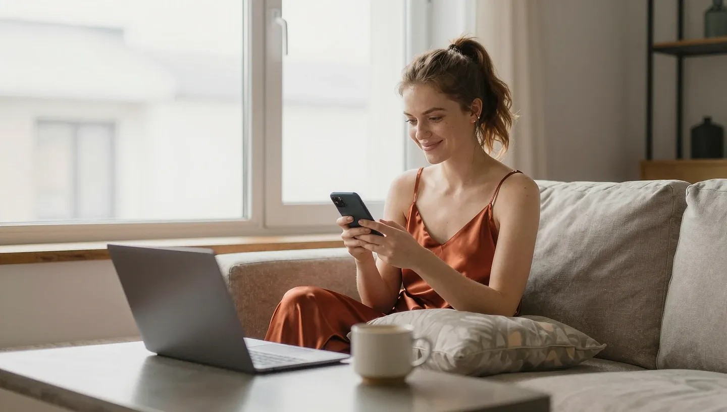Woman in terracotta satin slip on sofa by window, smiling as she texts on her phone with laptop and coffee mug nearby