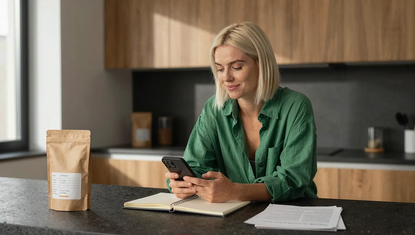 Woman at a kitchen counter planning pay-per-view price tiers in a notebook while checking her phone screen with coffee nearby
