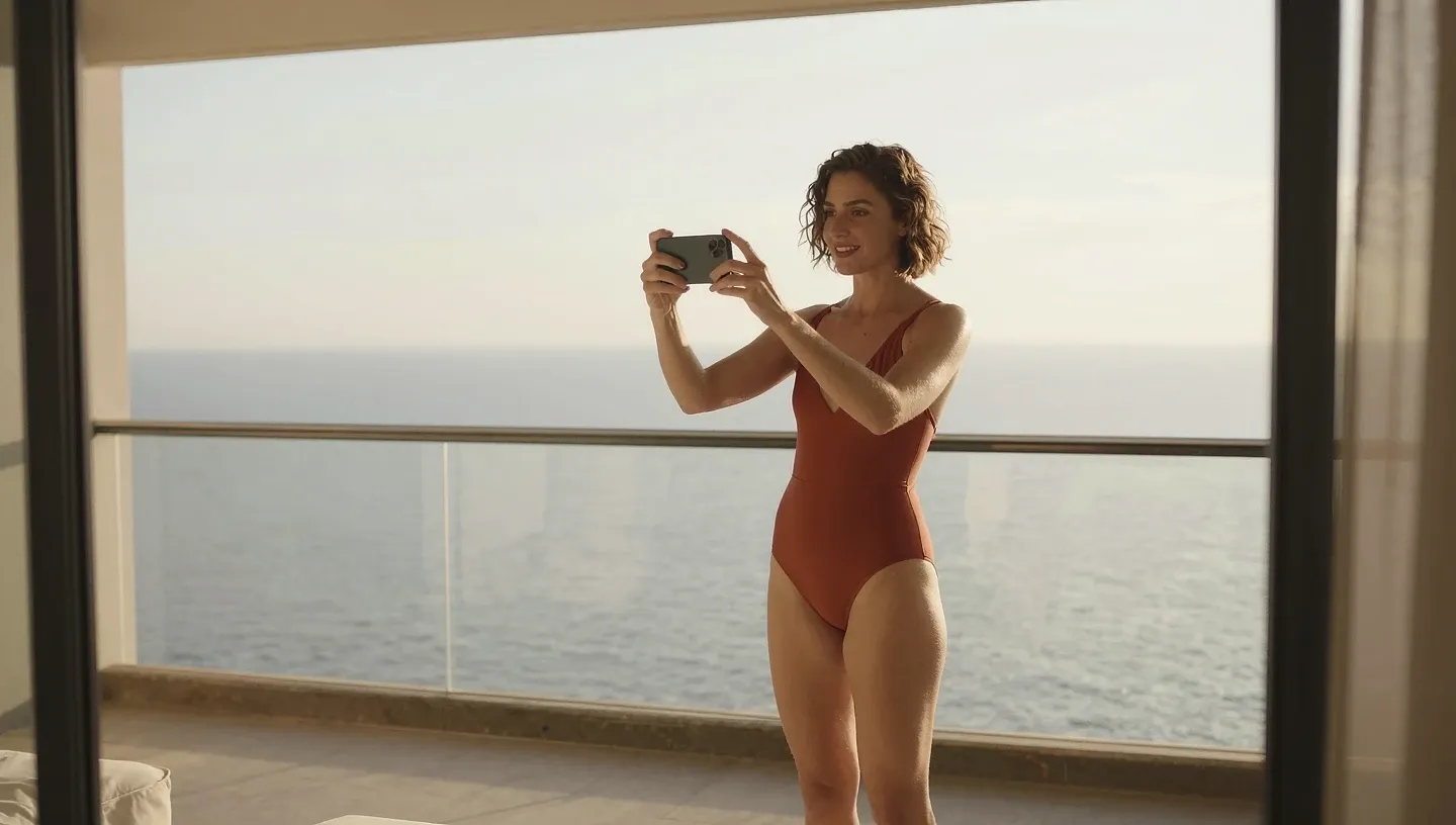 Woman in a one-piece swimsuit on a balcony filming a vertical clip with her smartphone at sunset.