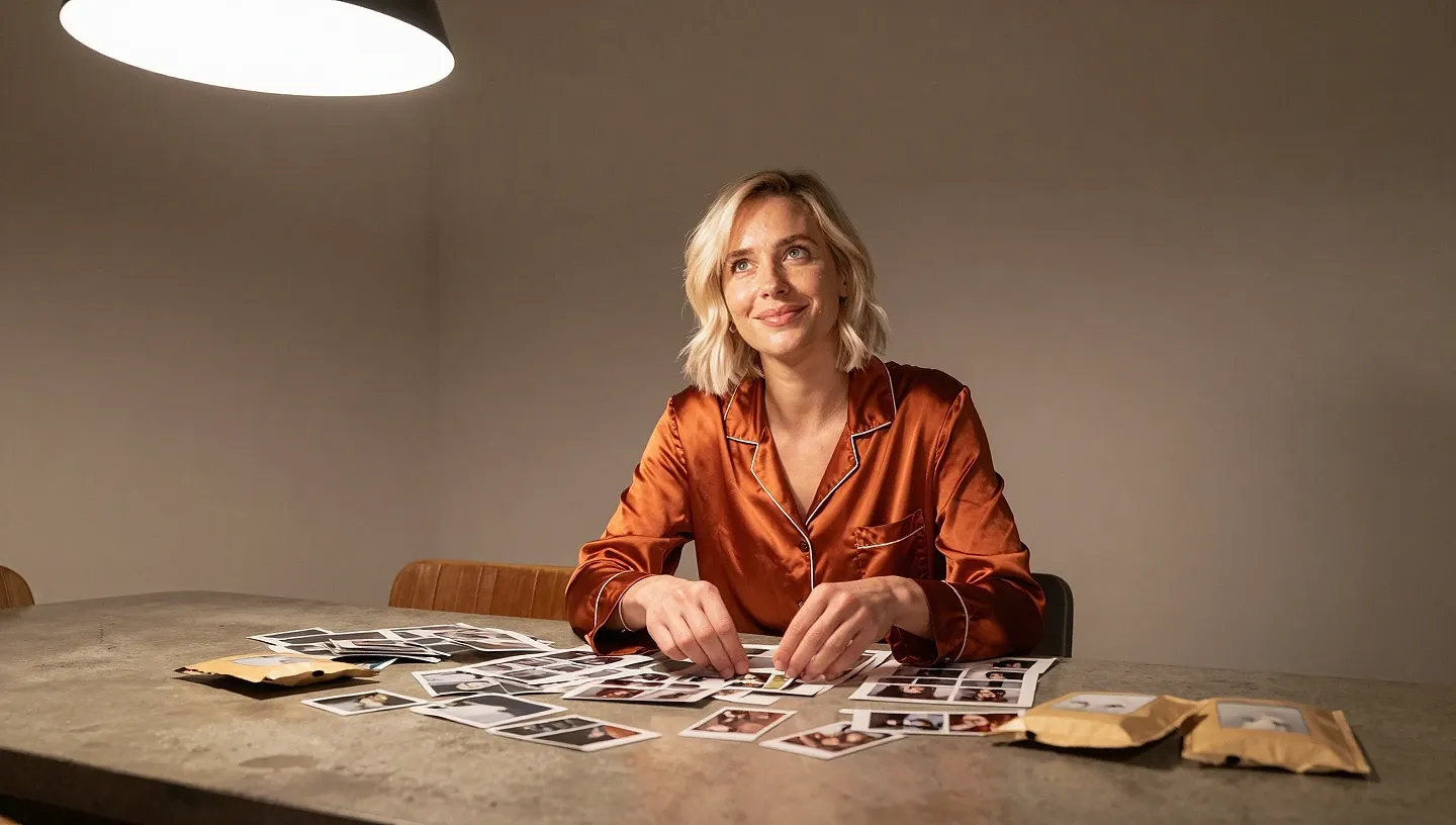 A woman with a platinum bob in loungewear sorts polaroid photos on a wooden dining table with small kraft parcels under warm light