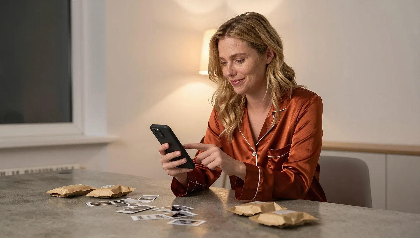 A honey blonde woman in rust silk loungewear sits at a wooden table covered in polaroids and small parcels, holding a smartphone angled away while checking paym