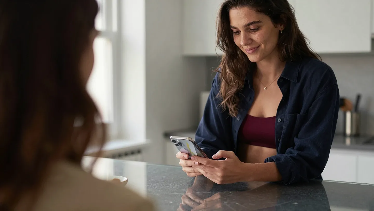Brunette creator in an oversized white shirt at a kitchen counter holding a smartphone and planning subscription tiers in morning light