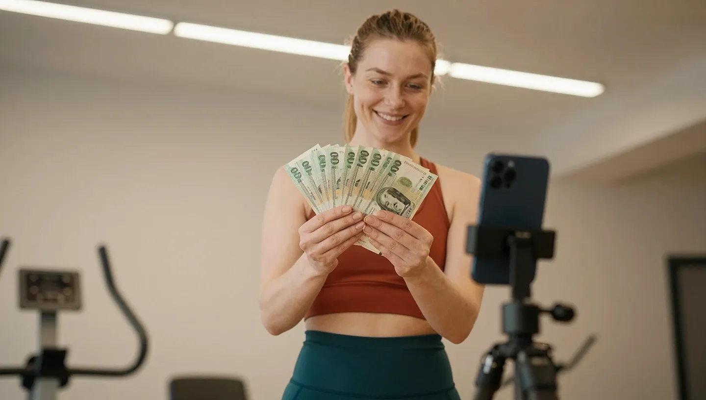 Woman in rust sports bra and deep teal leggings holding a fanned stack of banknotes as a smartphone on a tripod records her workout