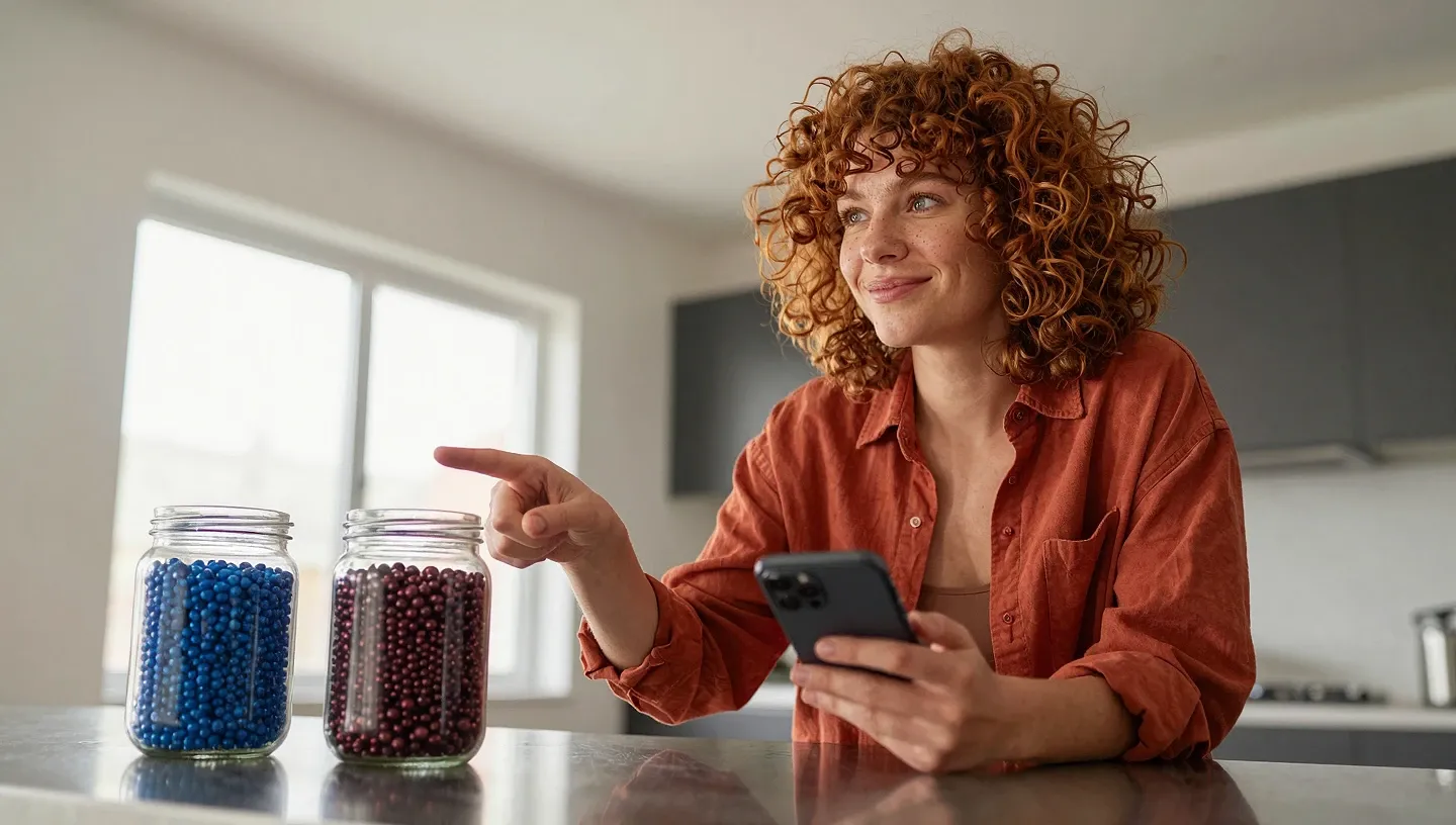 A creator in a white shirt at a kitchen counter holds her phone and compares two jars of beads-one half full of blue beads and one nearly full of burgundy beads