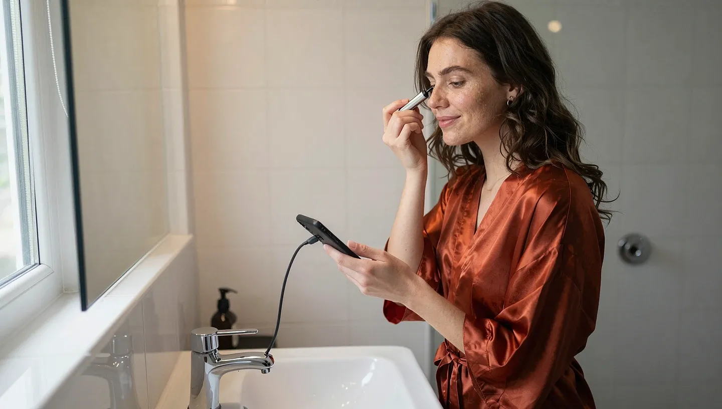 A content creator in a rust silk robe plugs a steel API token into her smartphone on a white tiled bathroom sink while doing her makeup.