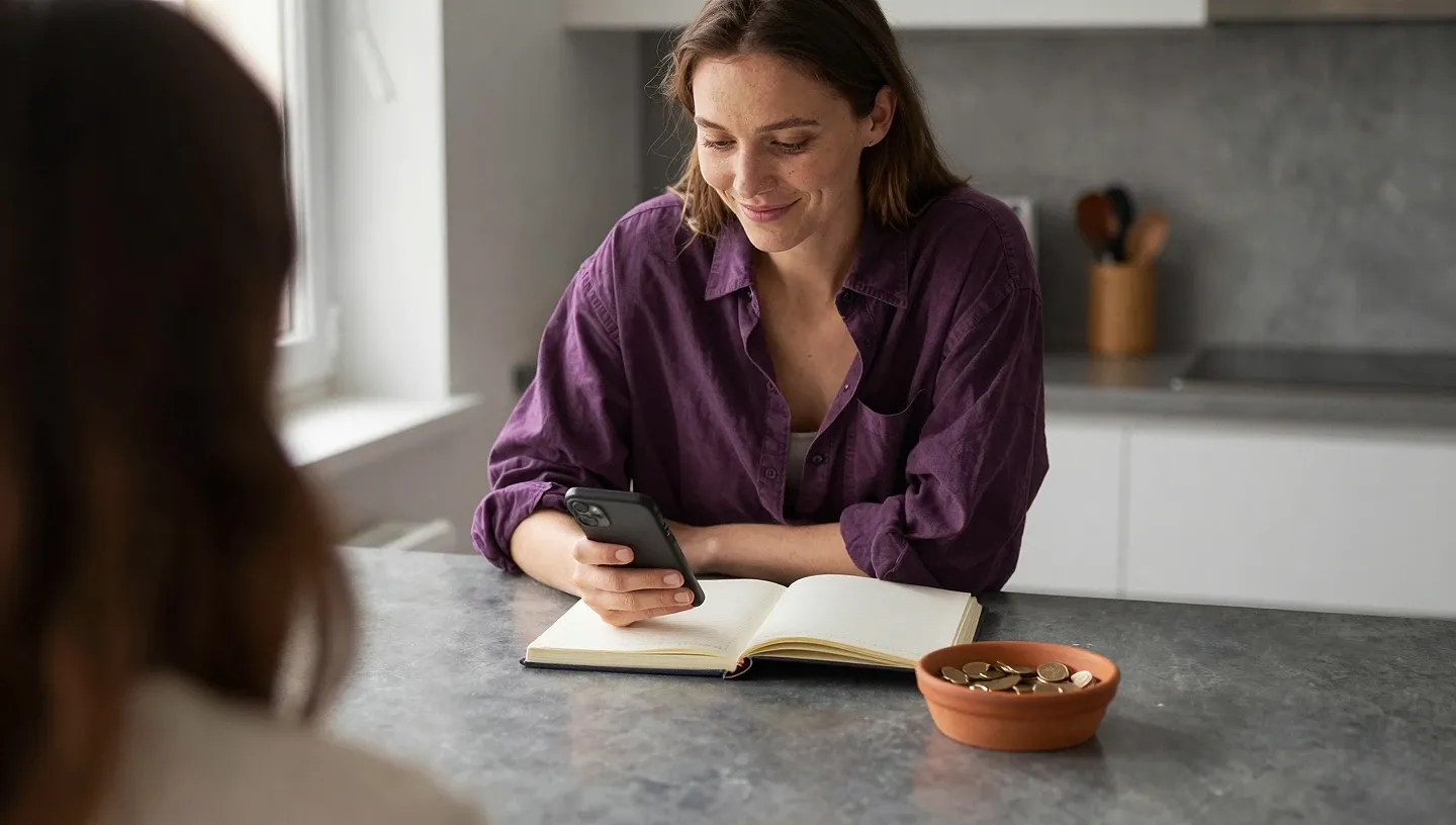 Creator at a kitchen counter glances at her phone with an open planner and a bowl of coins on the surface.