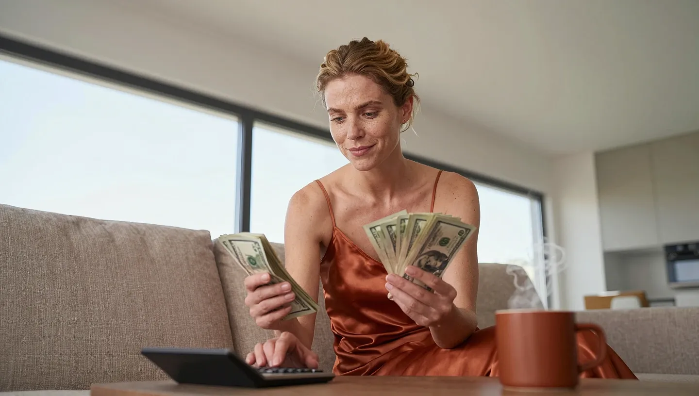 Lingerie-clad creator on a sofa by a bright window counts two stacks of dollars with a calculator next to a coffee mug