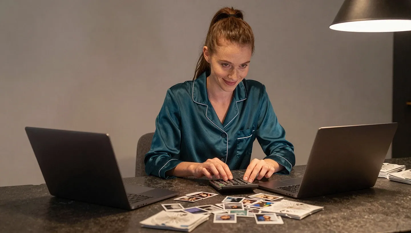 Creator in teal loungewear calculates commission at a table strewn with polaroids and merch parcels under warm light
