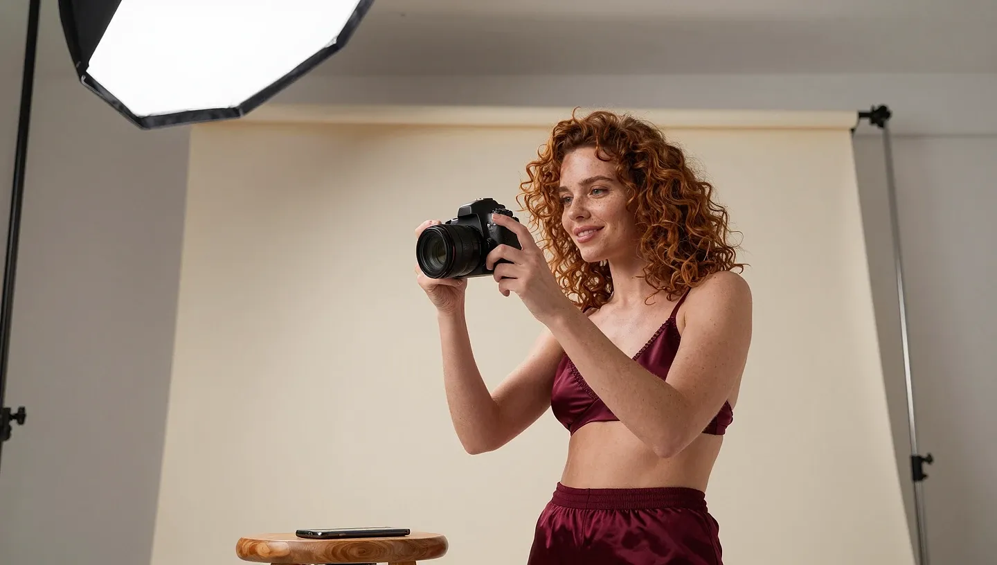 A creator in burgundy lingerie studies her camera screen in a paper-backdrop studio as a phone glows ignored beside her.