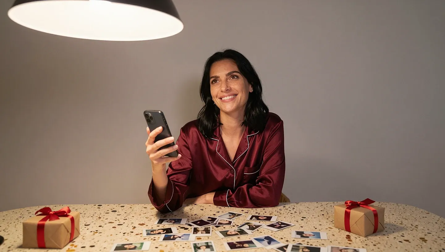 A European woman in burgundy silk loungewear sits at a wooden dining table covered with polaroids and gift parcels, holding a smartphone and smiling warmly unde