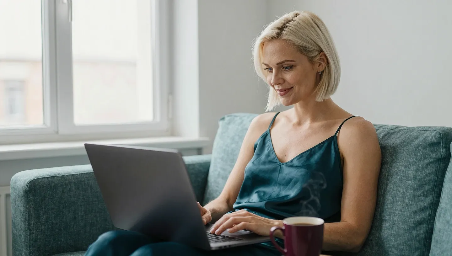 Caucasian woman in a teal satin slip seated on a sofa by a window, reviewing video previews on a laptop with a coffee mug in soft morning light.