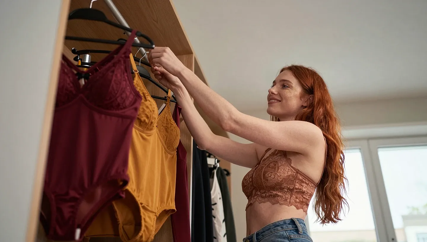 Creator in lace bralette and jeans chooses a burgundy lingerie set from a wooden rail in her walk-in wardrobe, lit by soft side light.