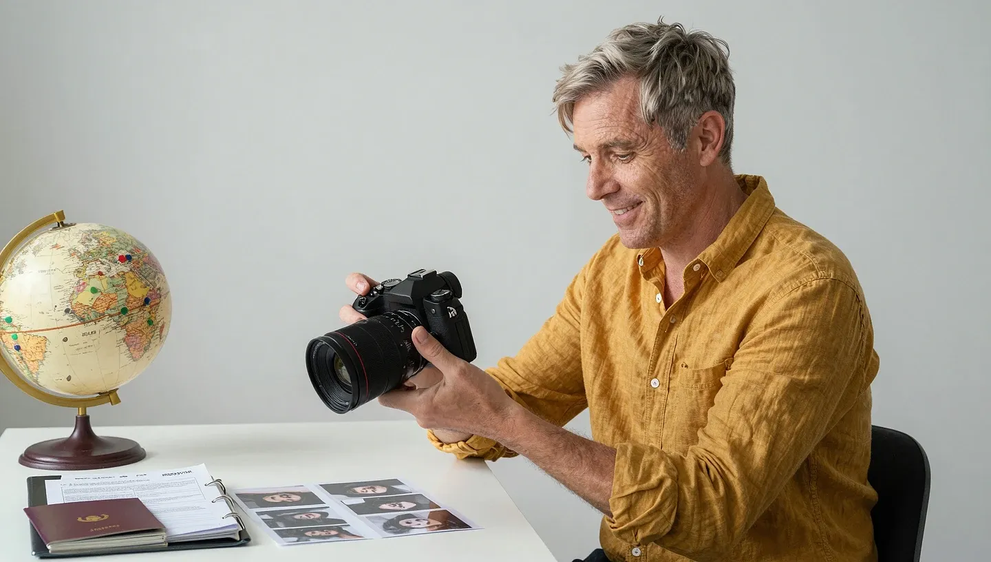 Photographer in a mustard linen shirt reviews her camera in a studio beside a passport, a globe with colored pins and a locked binder symbolizing privacy and ge